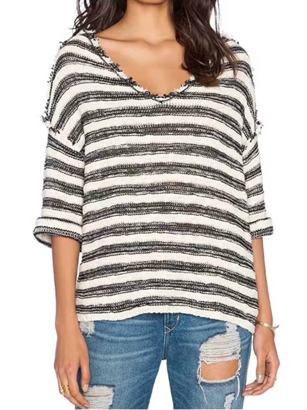 Free People Spells Trouble Striped Pullover Sweater ivory & Black Size S